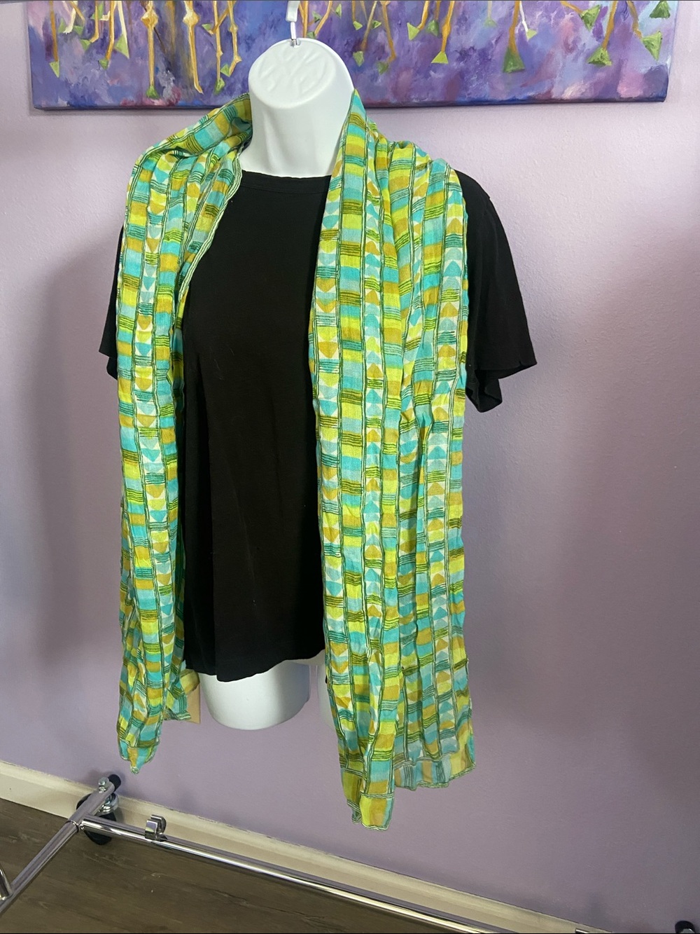 Source Unknown Green and Turquoise Checkered Lightweight Scarf